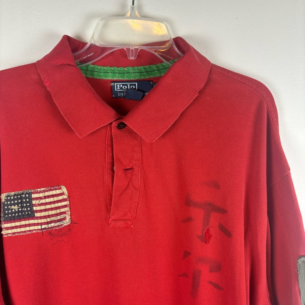 Polo. By Ralph Lauren red polo with Flag/stencil/distress-BIG Men’s 3X - Picture 8 of 16